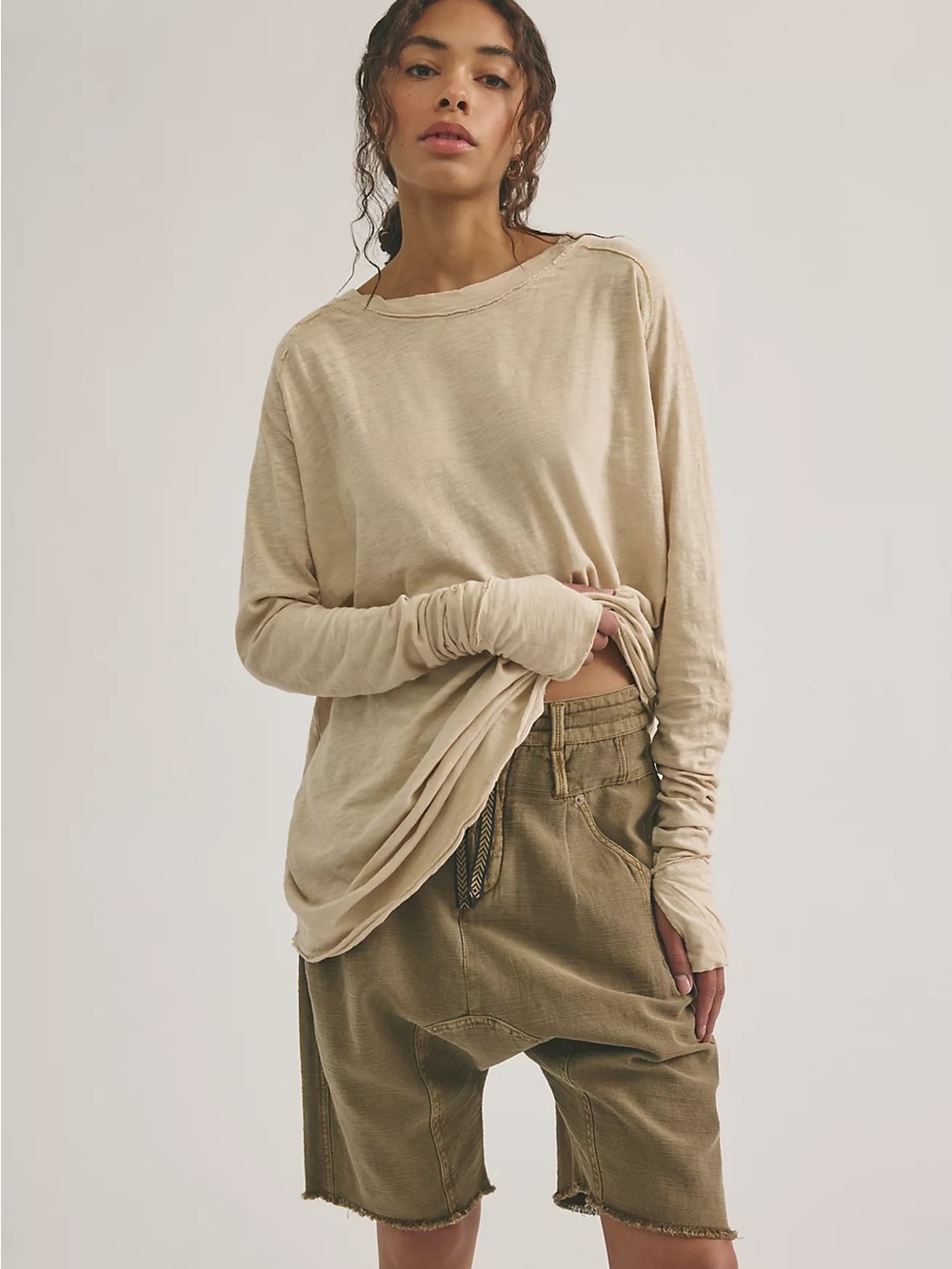 We The Free Slouchy Long-Sleeve Crewneck Top in Beige